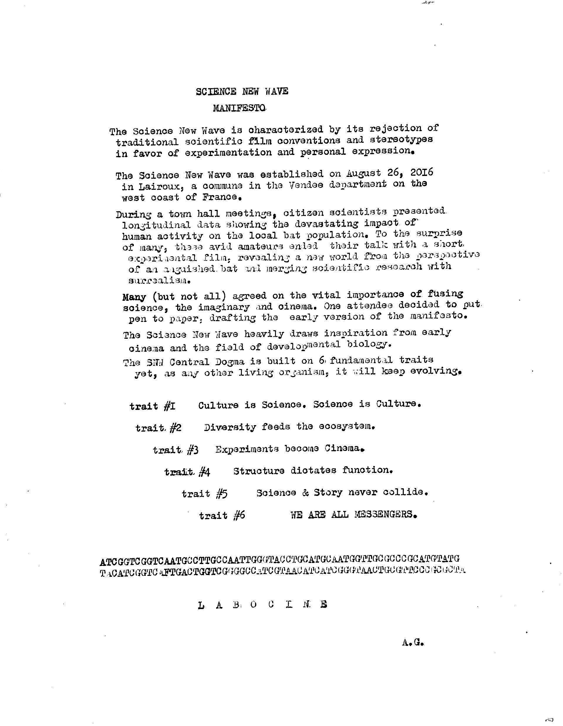 The Science New Wave manifesto, typewritten and signed A.G.